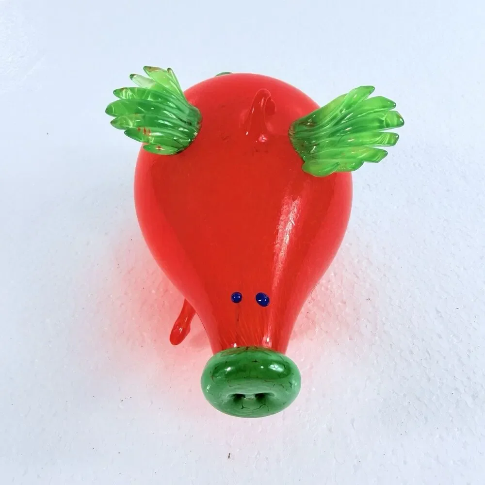 Handmade Blown Glass Flying Pig W/ Wings Orange & Green Art Animal Decor